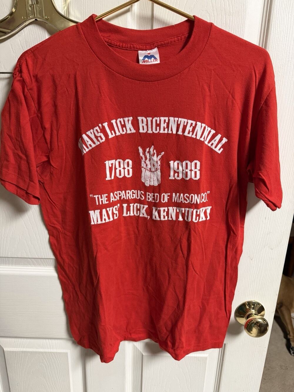 Vtg 80s 88 Mays Lick Kentucky Asparagus Bicentennial Red Single Stitch Med 38w